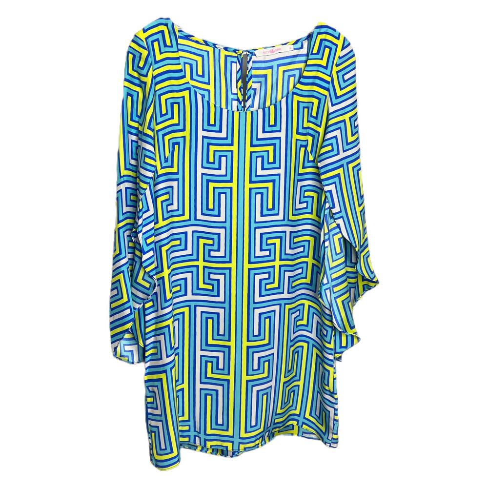 Alice + Trixie Silk Greek Key Split Sleeve Shift Dress Blue Yellow XS‎